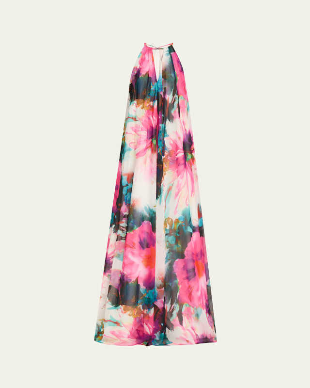Cutout Floral-Print Trapeze Gown